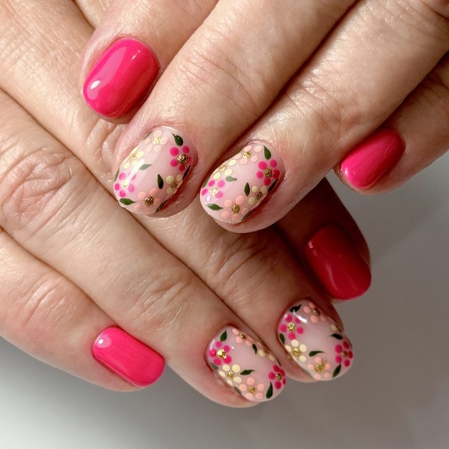 Pink nails with tiny florals by The Nail Editor