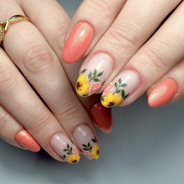 Coral nails with yellow flowers by The Nail Editor