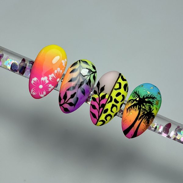 Tropical sunset and leopard nail art on tips by The Nail Editor
